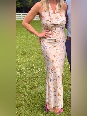 See You Monday Beige Halter Maxi Dress with Multicolor Butterfly Print